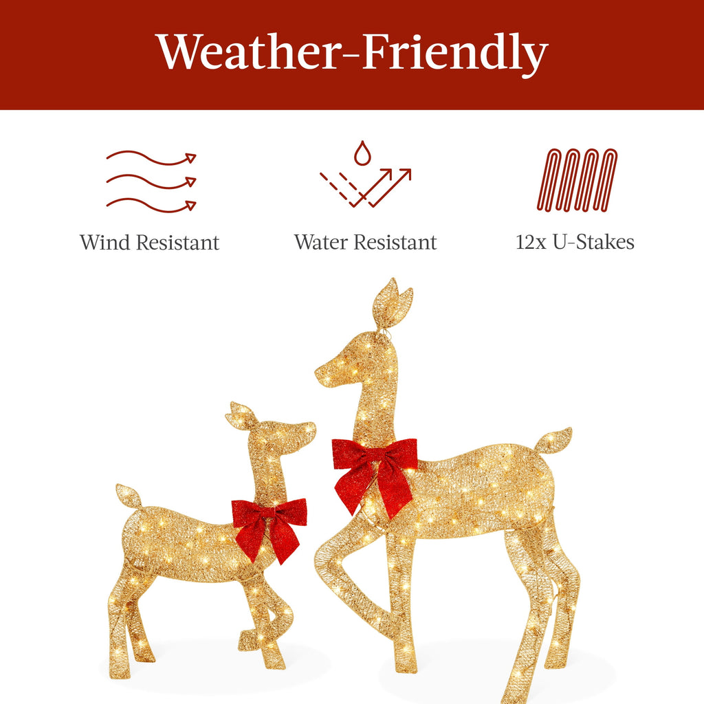 Best Choice Products 3-Piece 2D Deer Family Set, Lighted Christmas Outdoor Decoration w/ 175 Lights, Stakes - Gold