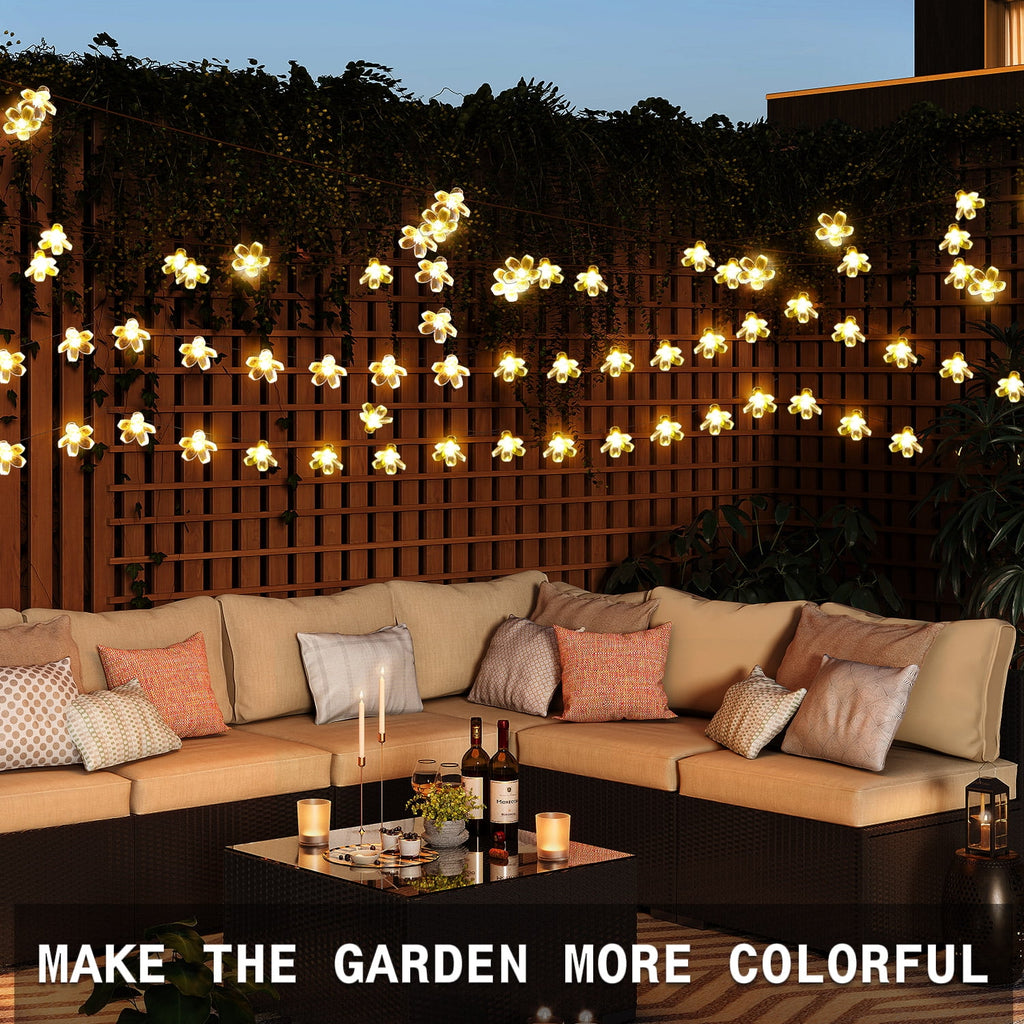 Rirool Cherry Blossom Solar String Lights Outdoor, 23FT 50 LED Flower Fairy Lights with 2 Lighting Modes, IP65 Waterproof Auto On/Off for Garden Patio Wedding Christmas Decor, Multicolor