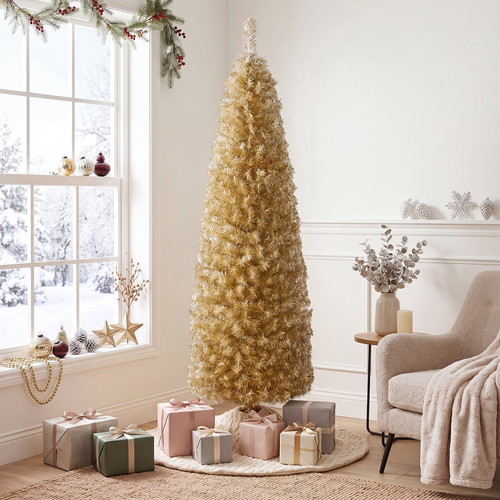 Costway 6FT Unlit Pencil Slim Tree Artificial Christmas Tree Metal Blue