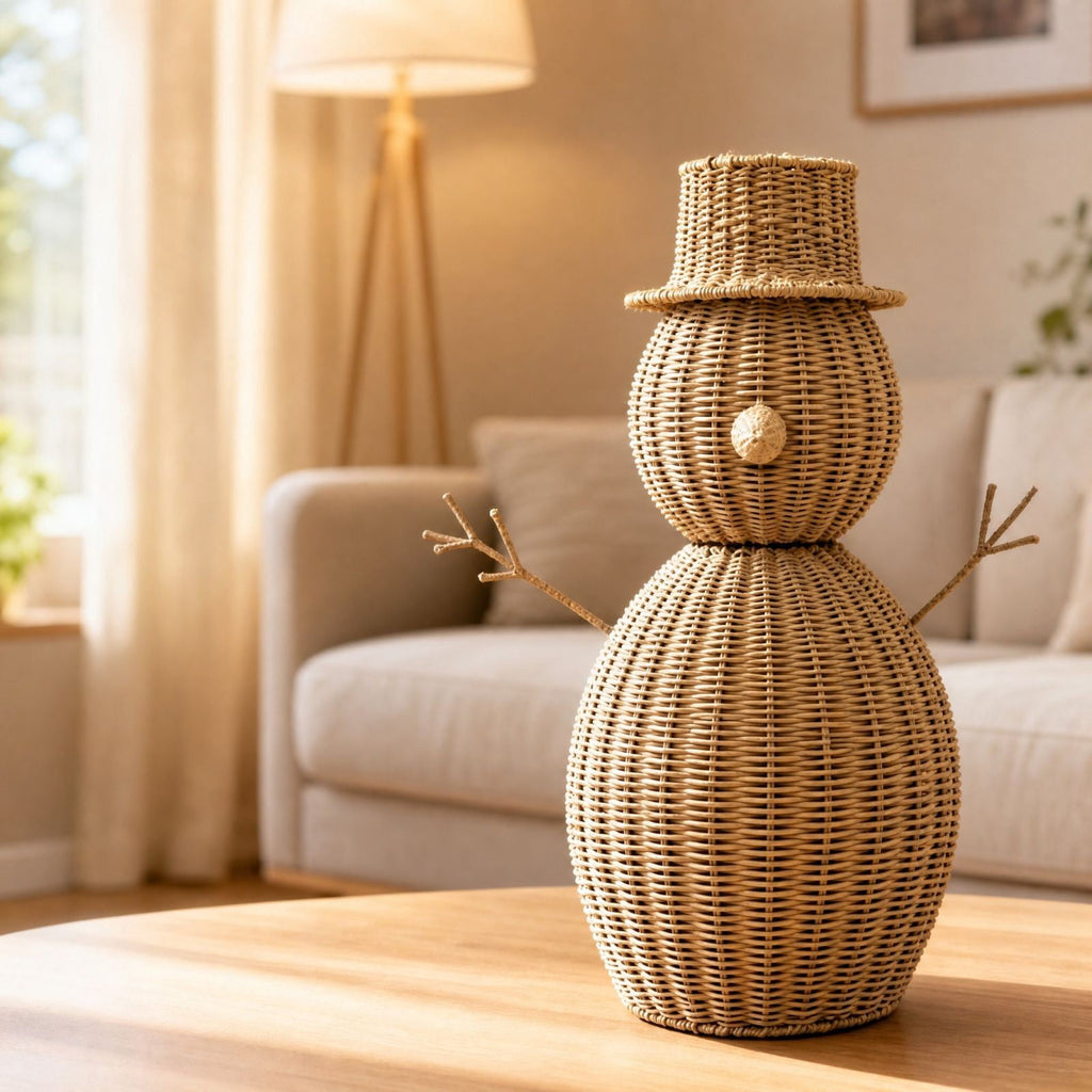 FeiBiQiuBi 14.9" Resin Rattan Style Snowman, Rustic Snowman Decorations with Bow, Woven Natural Style Freestanding Design Winter Farmhouse Decor for Home Kitchen Garden, Holiday Table Mantel Decor