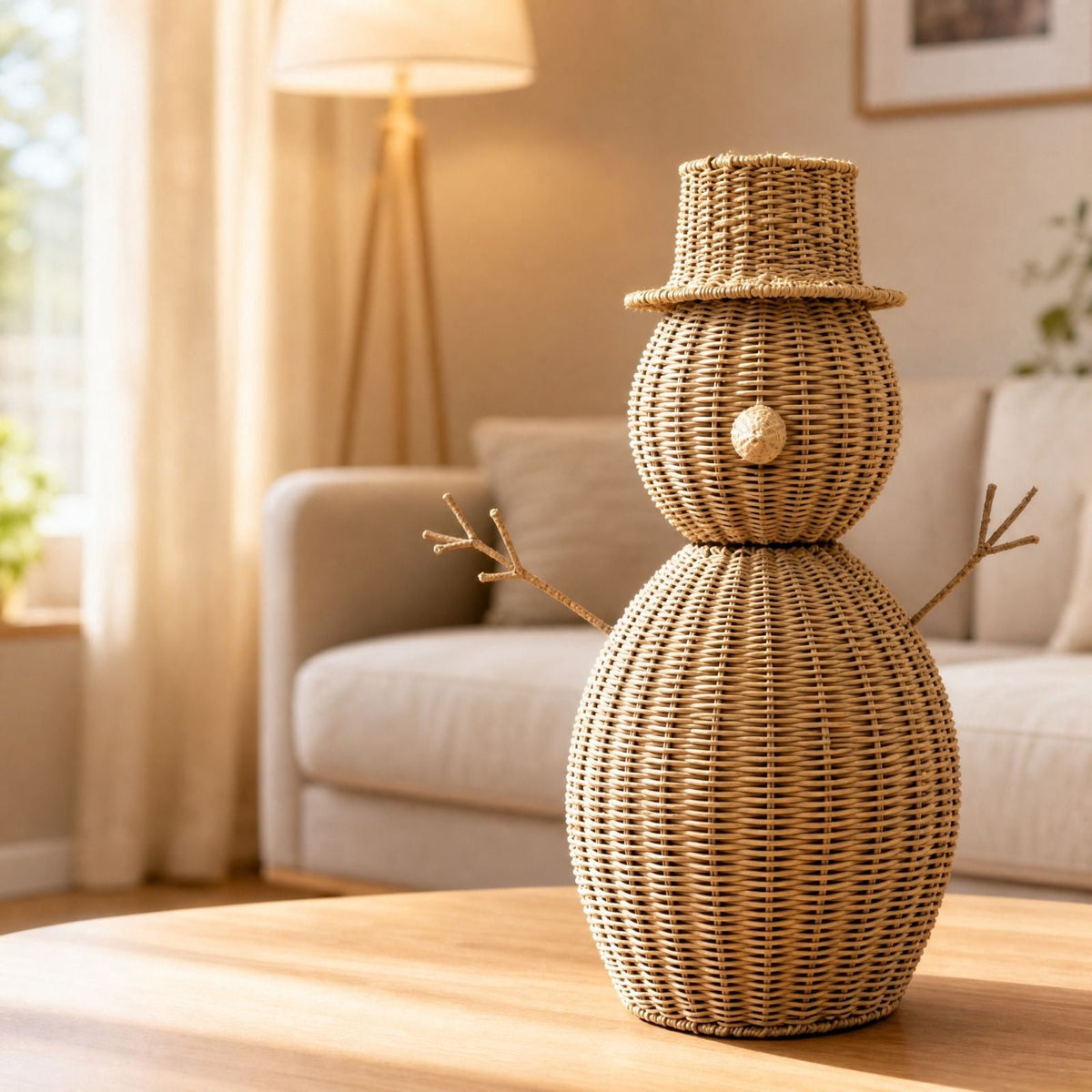 FeiBiQiuBi 14.9" Resin Rattan Style Snowman, Rustic Snowman Decorations with Bow, Woven Natural Style Freestanding Design Winter Farmhouse Decor for Home Kitchen Garden, Holiday Table Mantel Decor