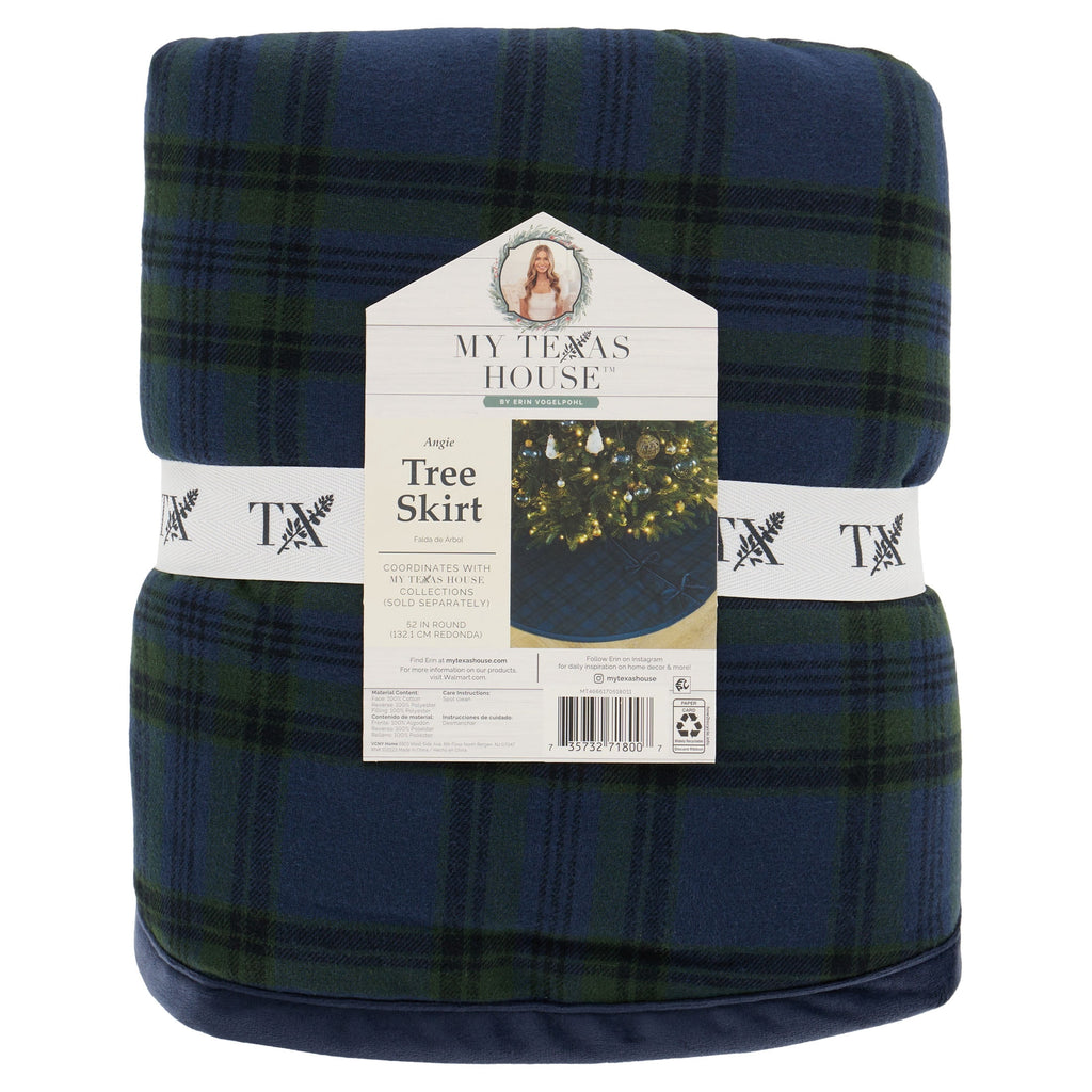 My Texas House Angie Plaid Christmas Tree Skirt, Blue, 52"