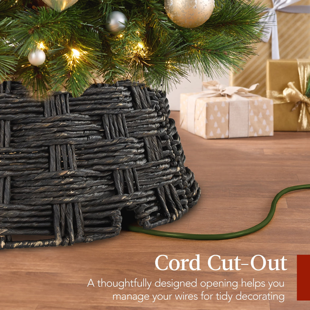 Best Choice Products 24in Basket Woven Hyacinth Christmas Tree Collar, Skirt Accessory w/ Cord Cut-Out- Espresso