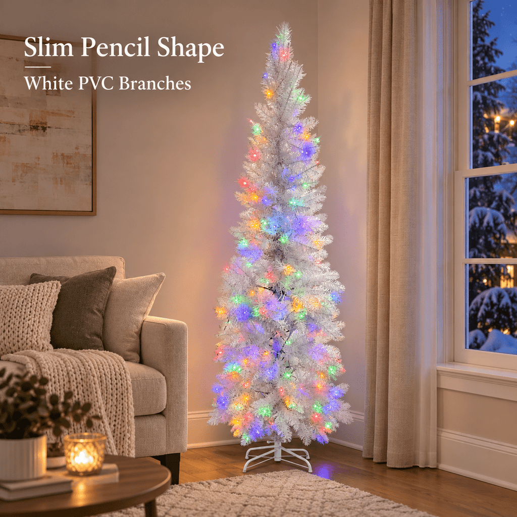 TENSAKEE 6 ft White Pencil Christmas Tree, Slim Pre-Lit Snow Flocked Artificial Xmas Tree with 571 Branch Tips, Party Decor