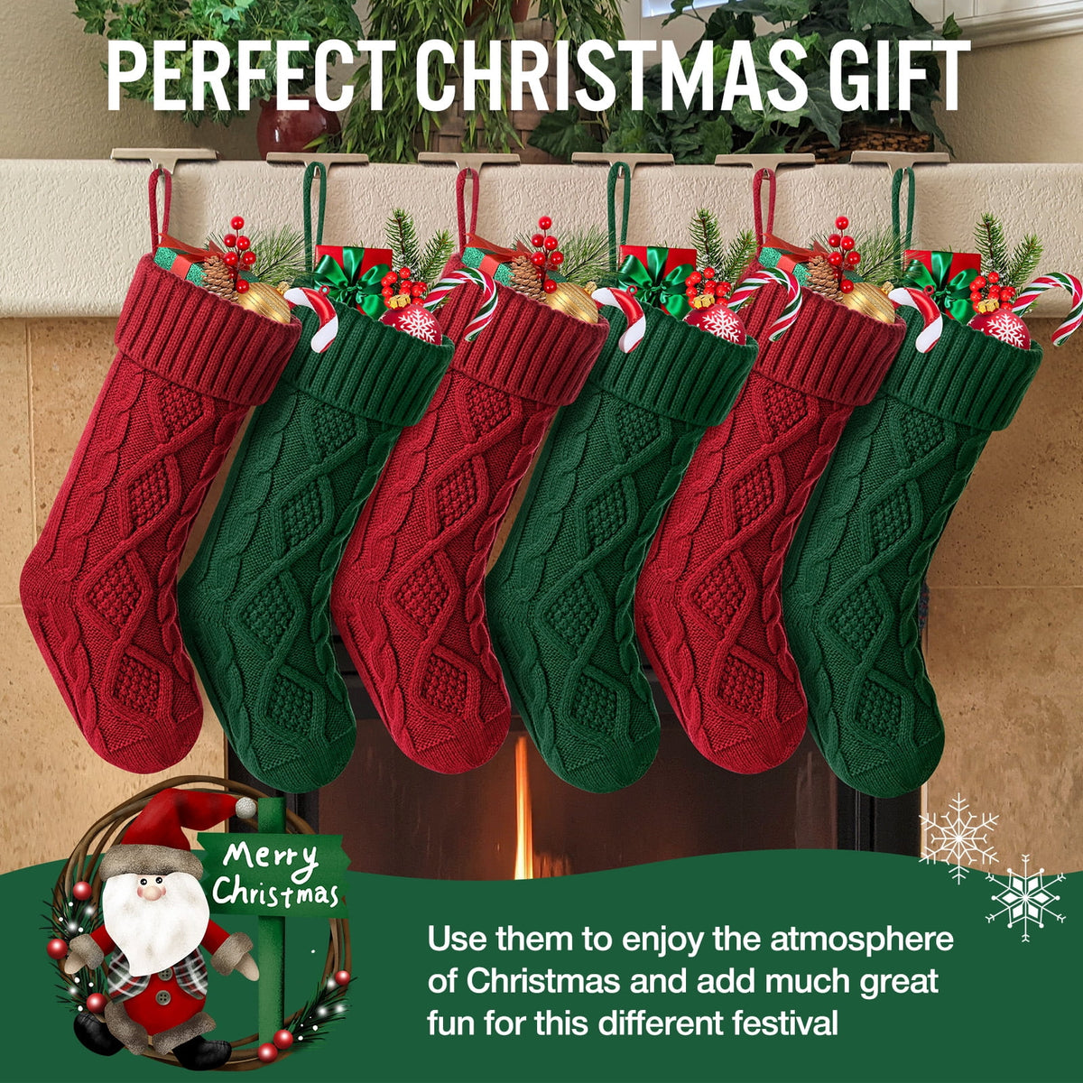Ayieyill 6pcs Christmas Stockings Large Knitted Xmas Stockings 18 Inches Fireplace Hanging Stockings for Family Holiday Christmas Decoration