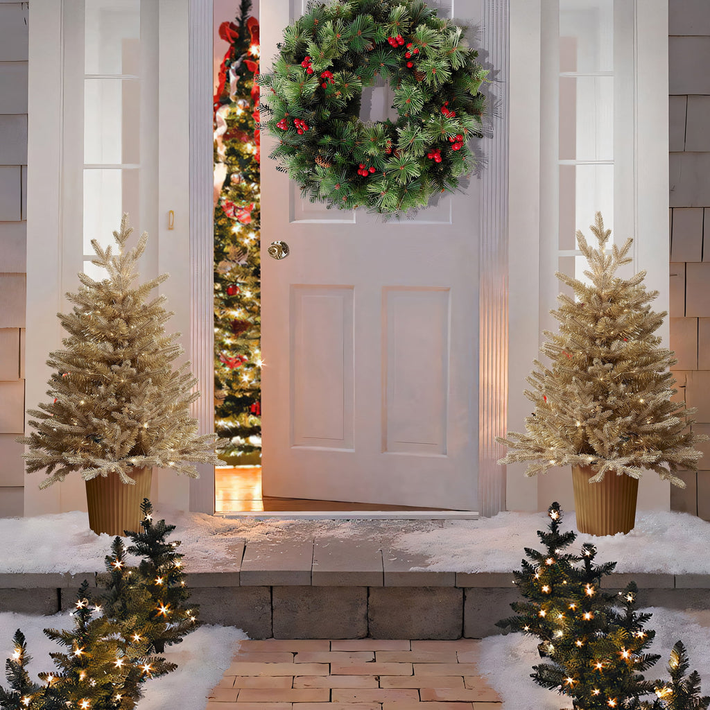 3Ft Gold Branches Artificial Christmas Tree with Battery-Op Lights & Gold Pot