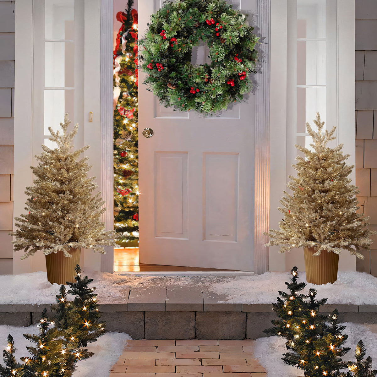 3Ft Gold Branches Artificial Christmas Tree with Battery-Op Lights & Gold Pot