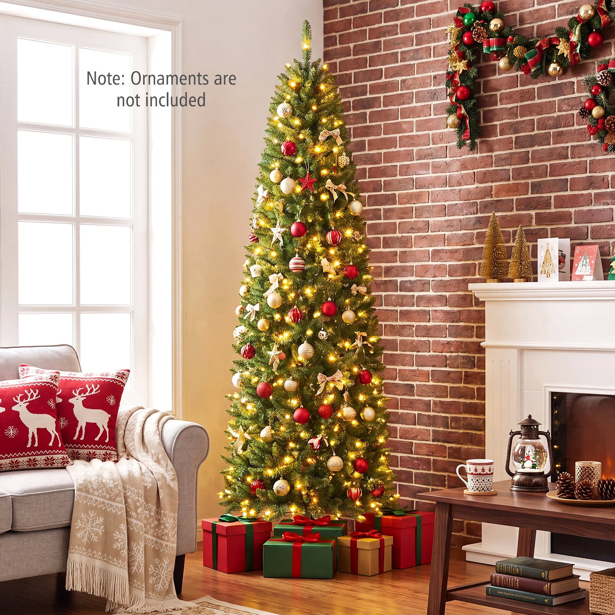 Costway 6Ft Pre-lit Artificial Pencil Christmas Tree Hinged Fir PVC Tree with 250 LED Lights