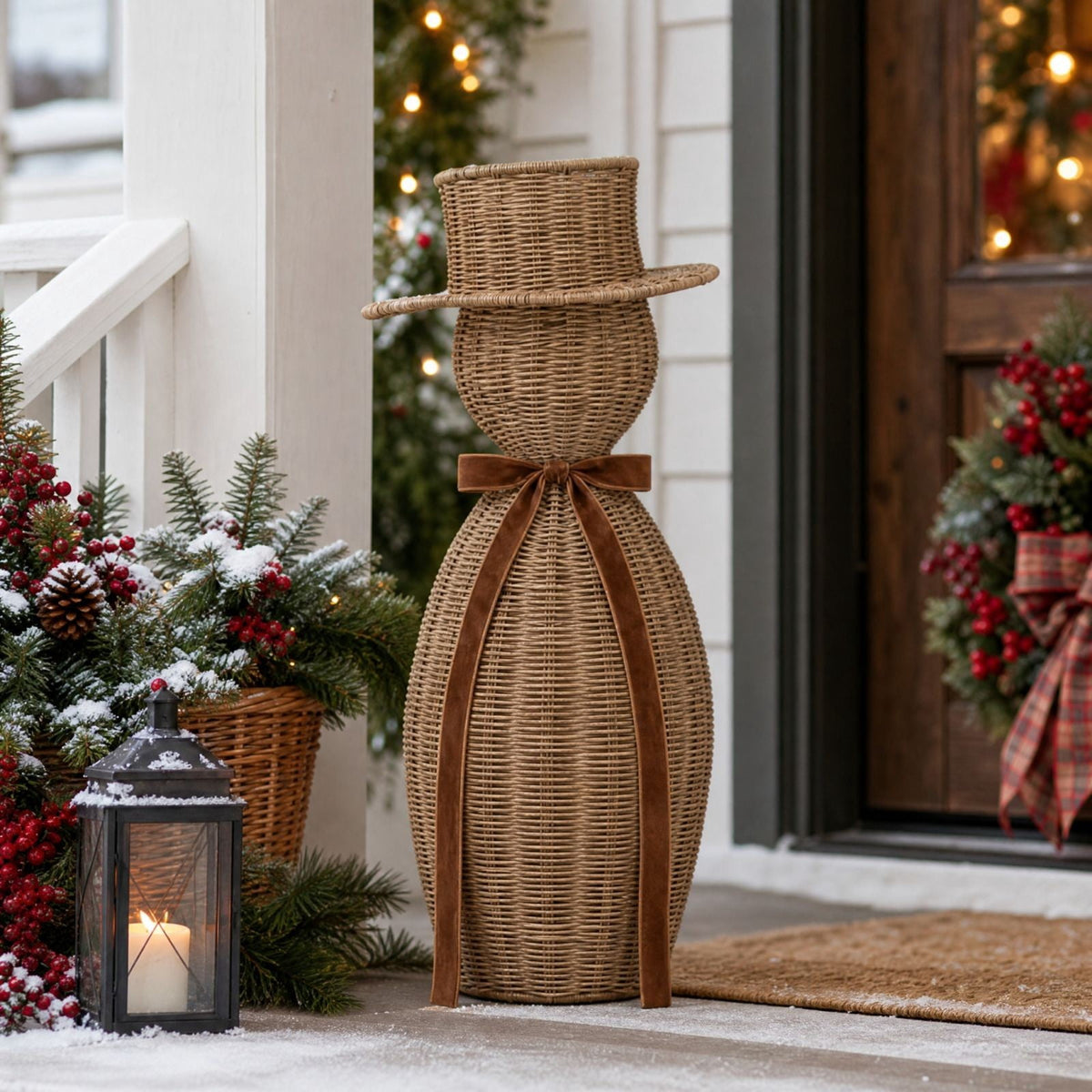 FeiBiQiuBi 14.9" Resin Rattan Style Snowman, Rustic Snowman Decorations with Bow, Woven Natural Style Freestanding Design Winter Farmhouse Decor for Home Kitchen Garden, Holiday Table Mantel Decor