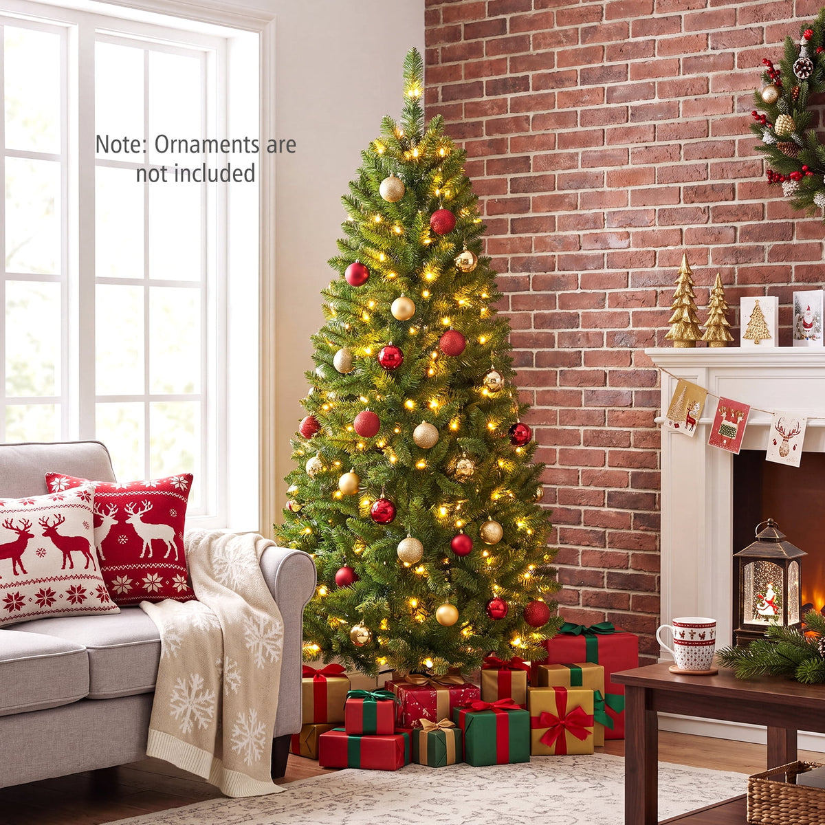 Costway 6Ft Pre-lit Artificial Pencil Christmas Tree Hinged Fir PVC Tree with 250 LED Lights