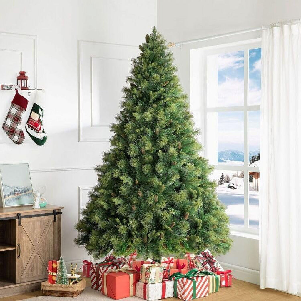 Naomi Home 7.5ft Christmas Tree with Lights, Realistic Traditional Christmas Tree Prelit with Pine Cones, Foot Pedal 1556 Branch Tips, 750 Warm Lights and Metal Stand, Aritificial Christmas Tree
