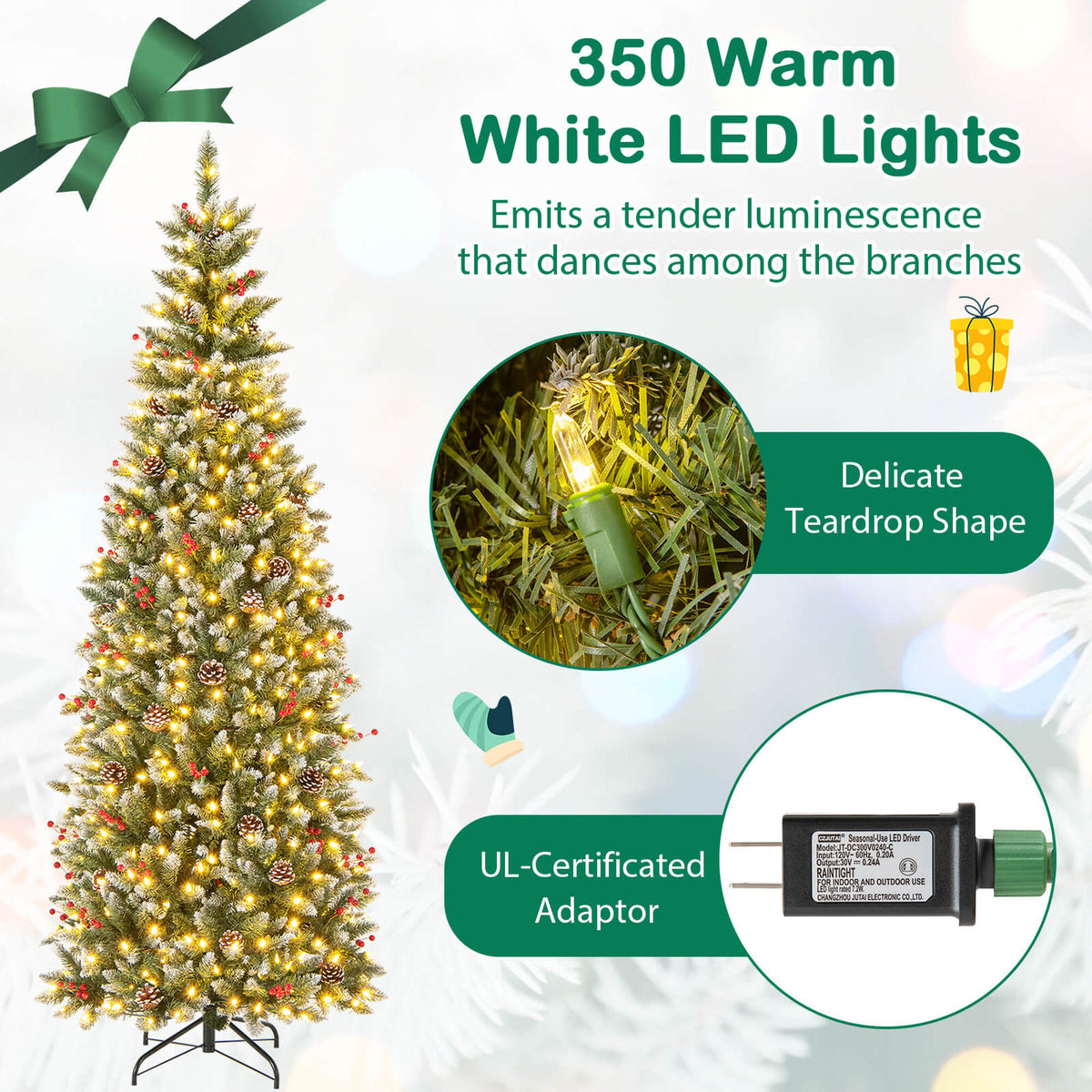 Costway 5 FT Pre-Lit Artificial Christmas Tree with 408 Snowy Branch Tips 250 LED Lights