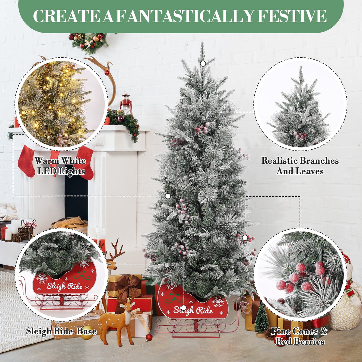 Somikis 3ft Pre-Lit Artificial Mini Christmas Tree with 78LED Lights, 8 Mode Includes Red Berries & Sleigh Base, 2 Pcs