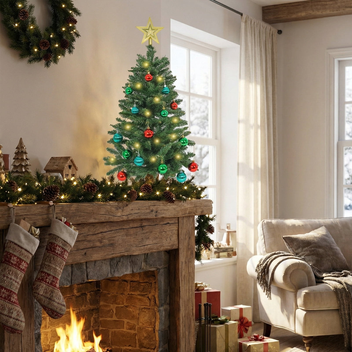THE BRIVE Artificial Christmas Tree Champagne Includes Ornaments & Star 3ft with LED lights