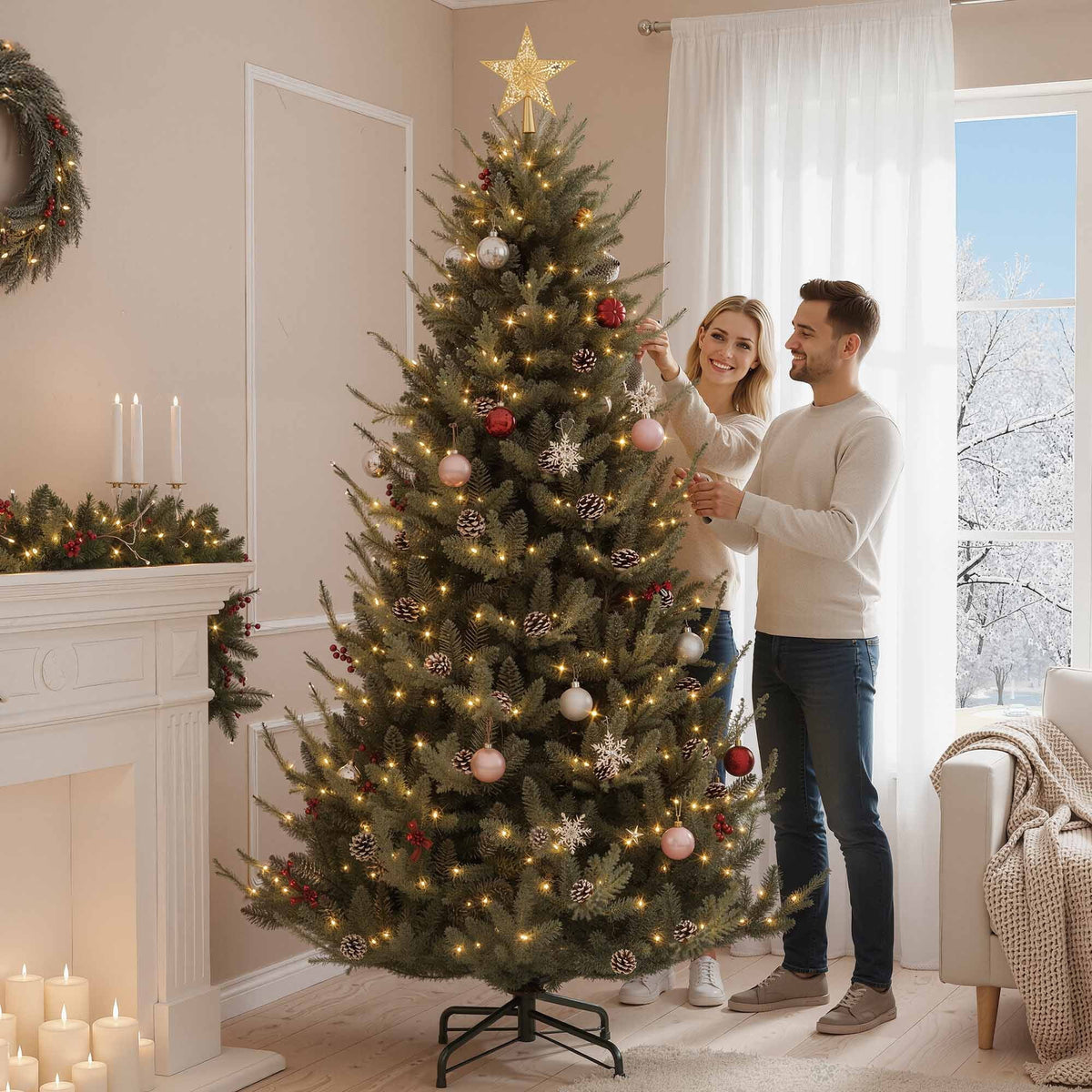 Dextrus 7.5 ft Prelit Spruce Christmas Tree with 51 Pine Cones, Hinged Artificial Christmas Tree with 1938 PE&PVC Tips & 500 Lights,11 Light Modes, Remote Control