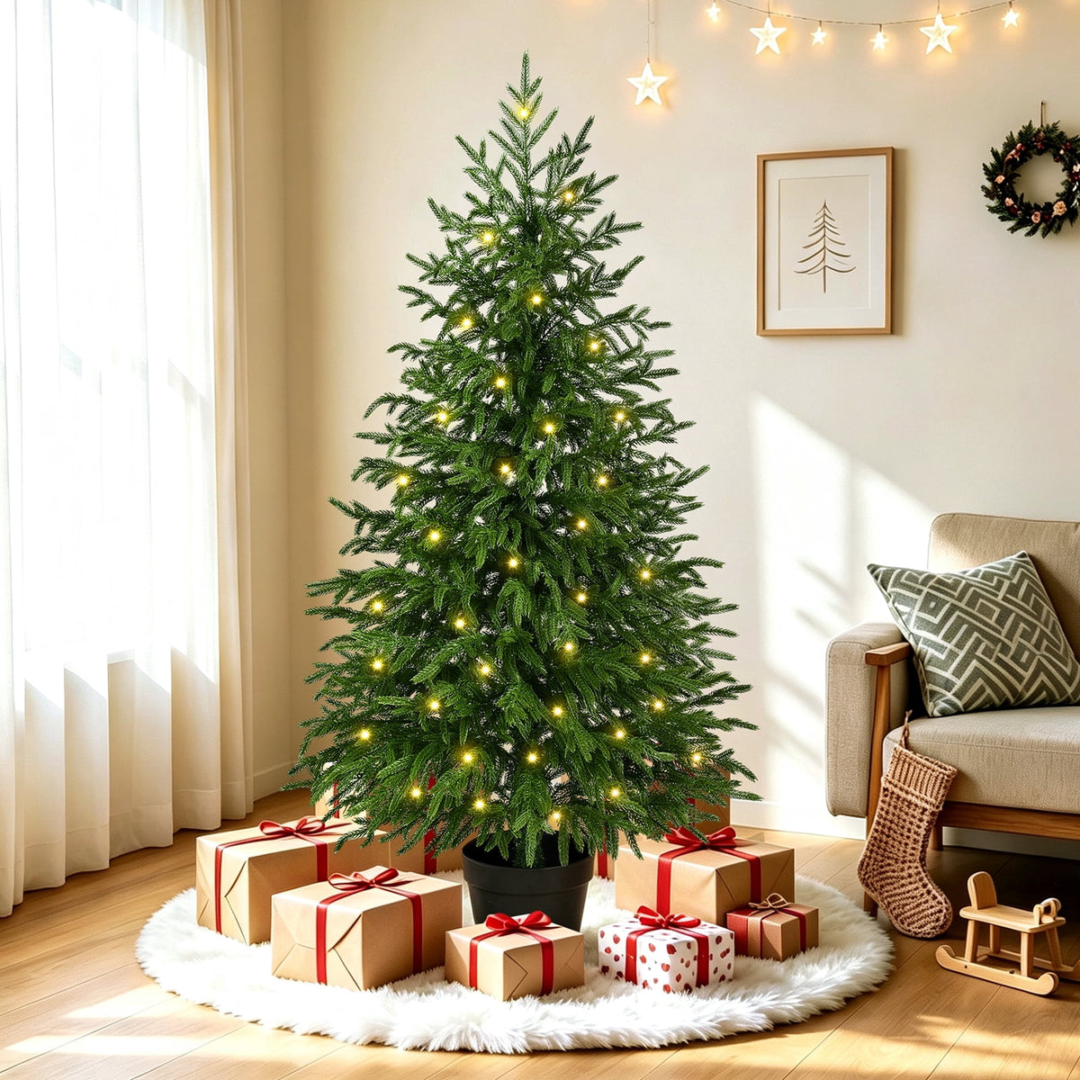 Yastouay 2FT Tabletop Christmas Tree Artificial Norfolk Pine Pre-Lit Xmas Tree with Lights for Front Porch Indoor Outdoor Christmas Decor