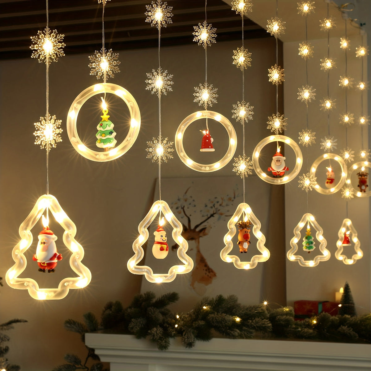 WILLED Christmas String Lights, 120 LED Window Curtain Lights with Christmas Ornaments, 9.8ft USB Powered Warm White Waterproof Fairy Lights Indoor Outdoor for Xmas Tree Patio Garden Party Home Decor
