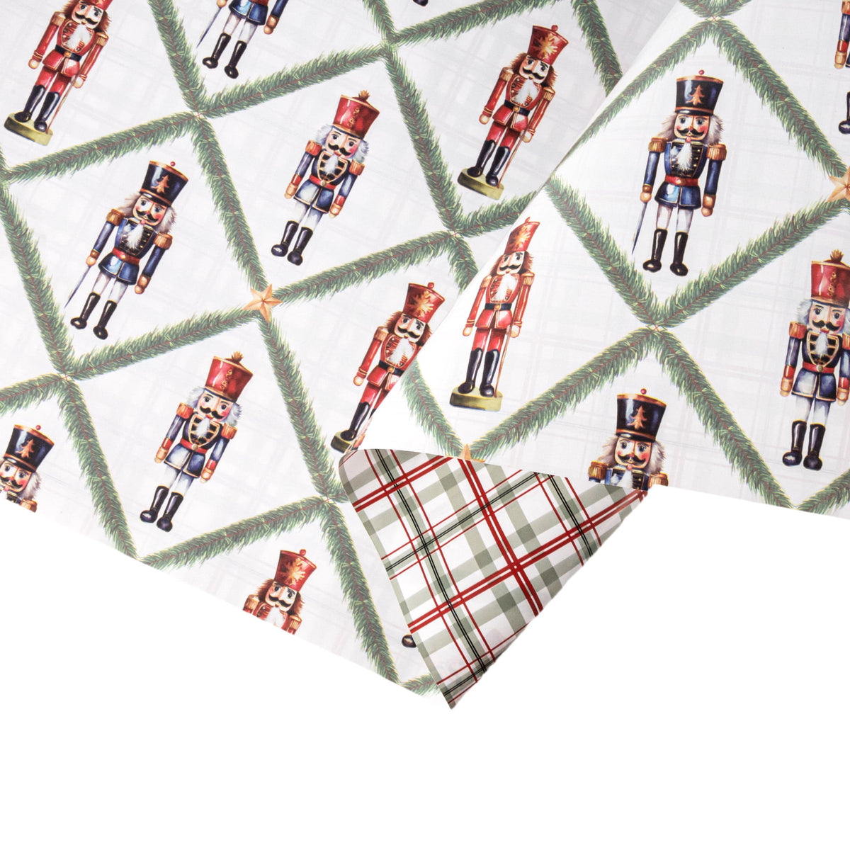 LaRibbons 30" x 33' Holiday Reversible Wrapping Paper Jumbo Roll, Norfolk Pine Nutcracker / Plaid