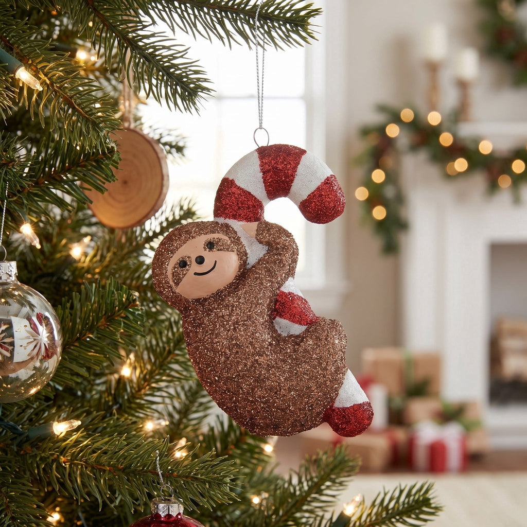 Brown/Red/White Glitter Sloth with Candy Cane Christmas Ornament, 4.3", by Holiday Time