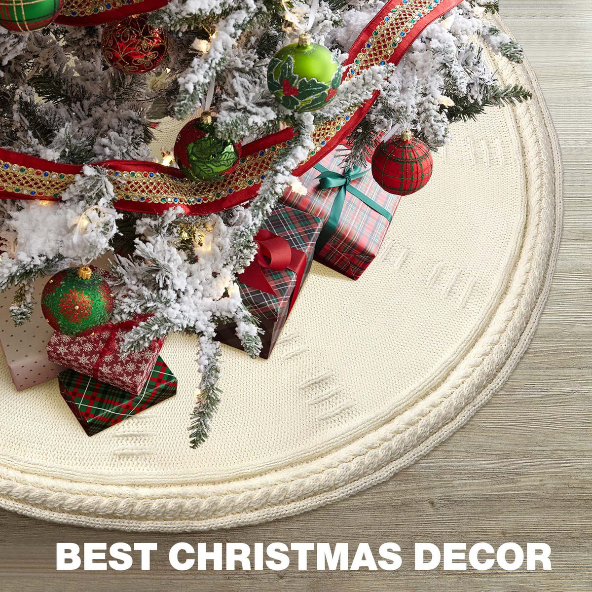 Ayieyill Christmas Tree Skirt, 48 inches Cable Knit Knitted Thick Rustic Xmas Tree Skirts Decoration, Red Tree Skirt Christmas Decoration, Burgundy