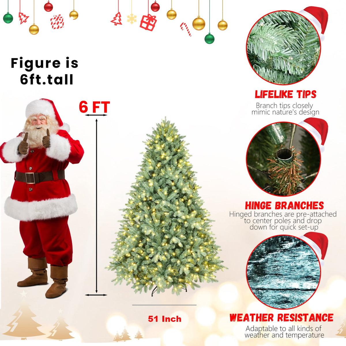 Makeatree 6FT Prelit Blue Spruce Artificial Christmas Tree w/ 500 LED Lights,1878 PE&PVC Branch Tips