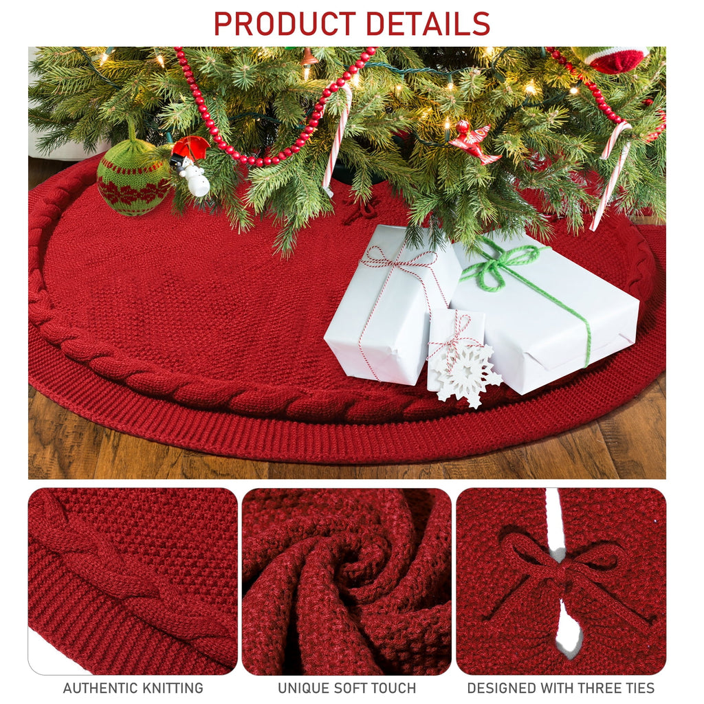 Ayieyill Christmas Tree Skirt, 48 inches Cable Knit Knitted Thick Rustic Xmas Tree Skirts Decoration, Red Tree Skirt Christmas Decoration, Burgundy