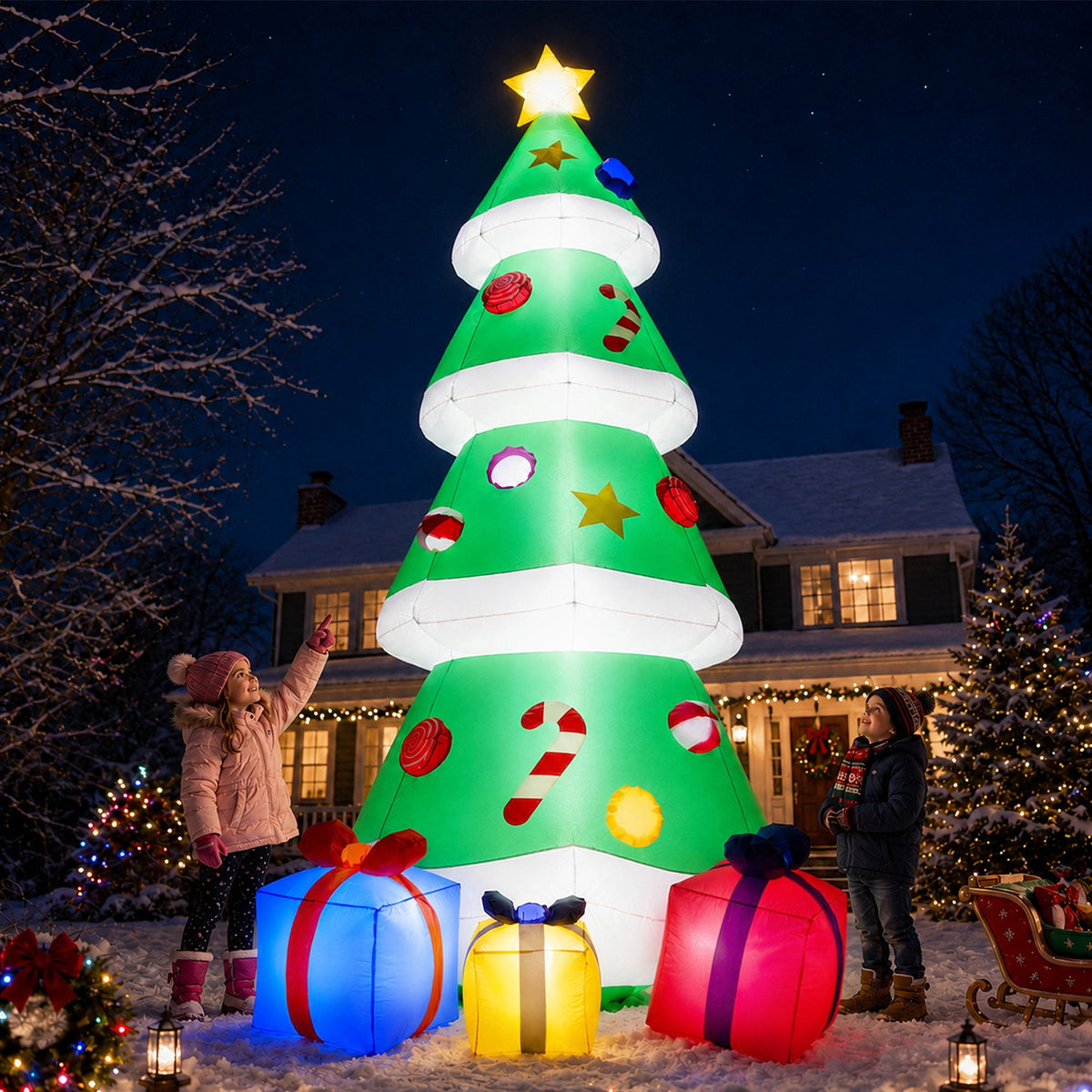Goosiay 10FT Christmas Inflatables Tree with Built-In LED Lights and Gift Boxes, Giant Xmas Blow Up Tree Yard Decoration for Outdoor Yard Garden Lawn Decor,Green