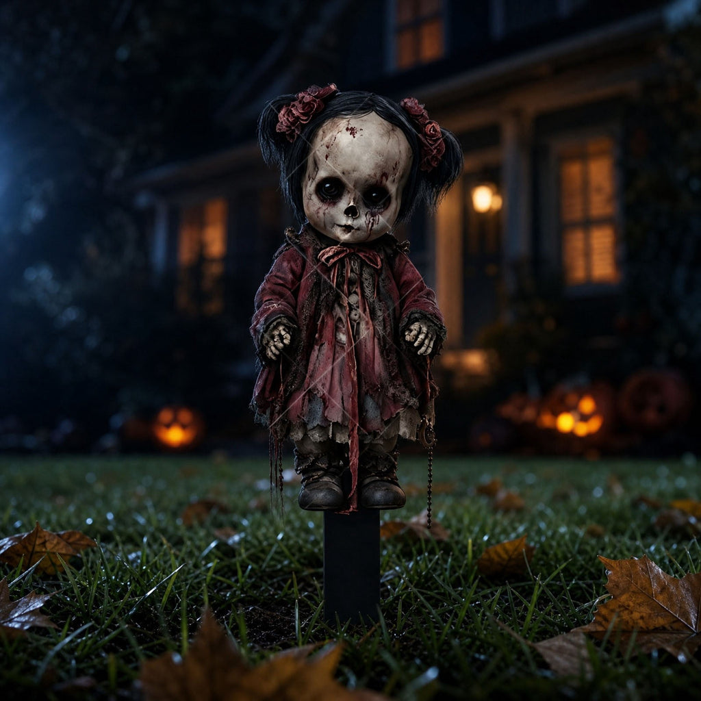 erdimoy 7.87in Tall Creepy Vintage Horror Doll Yard Stakes, 2D Waterproof Acrylic Spooky Ghost Doll Lawn Plug-In Ornaments, Scary Graveyard Garden Pathway Decor for Halloween Outdoor
