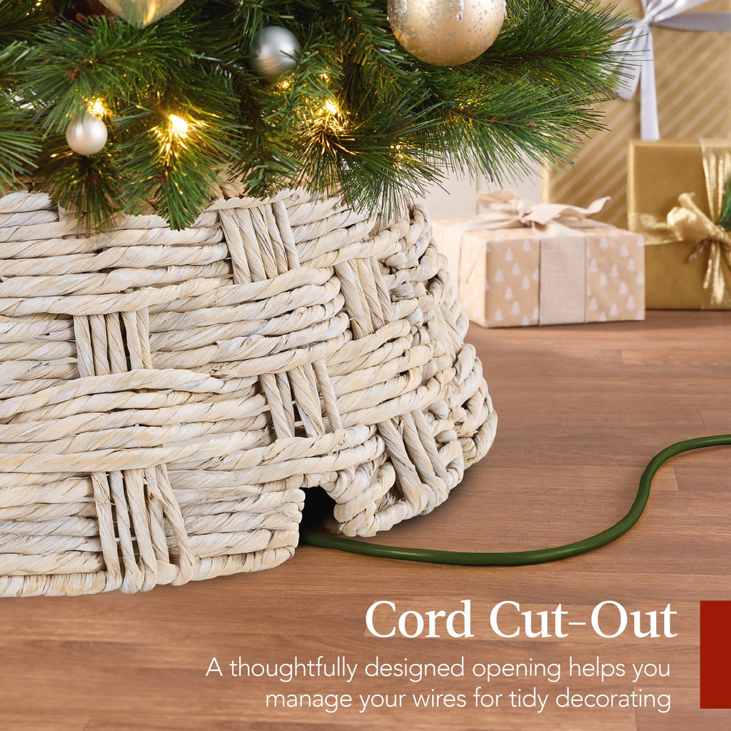 Best Choice Products 24in Basket Woven Hyacinth Christmas Tree Collar, Skirt Accessory w/ Cord Cut-Out- Espresso
