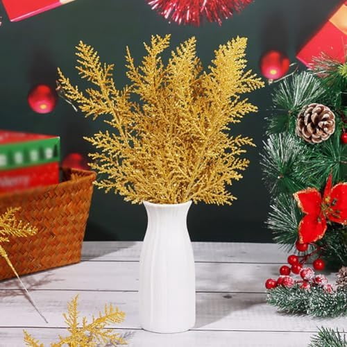 24 Pcs Gold Artificial Leaves Glitter Pine Branches Xmas Pine Needles Floral Spray Picks Fake Pine Stems Golden Christmas Tree Decorations for Party