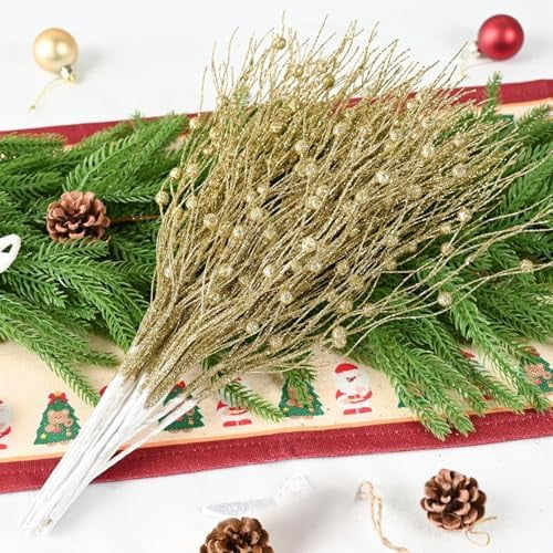 16 Piece Artificial Glitter Berry Stems 17 Inch Gold Christmas Tree Picks