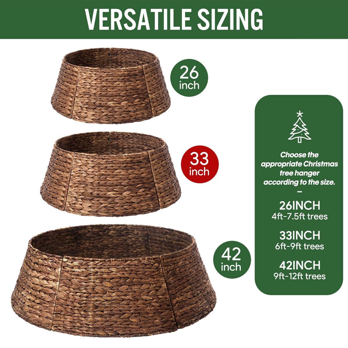 Ayieyill 26in Woven Hyacinth Christmas Tree Collar, Christmas Tree Decorations, Tree Skirt Accessory w/ Cord Cut-Out | Natural