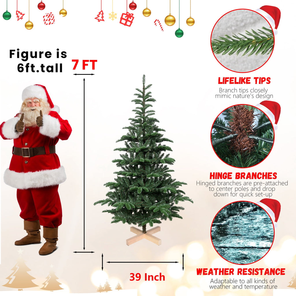 Mayhihi 7FT Pre-Lit Artificial Full Christmas Tree with 400 Lights, Hinged Premium 941 PE & PVC Mixed Branch Tips, Wooden Base, Green