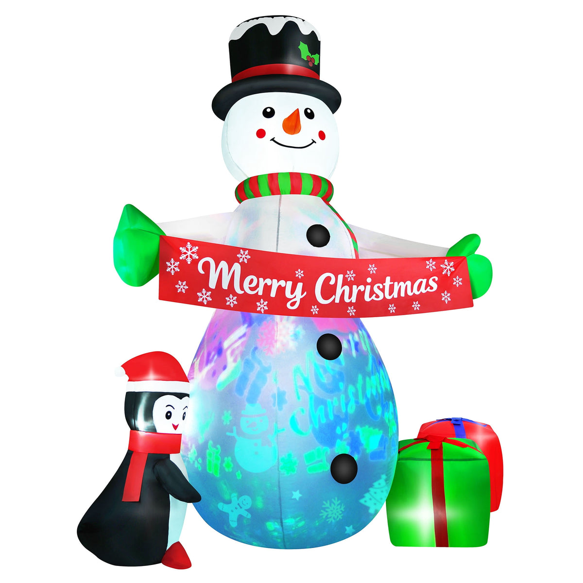 Yexmas 8FT Christmas Inflatable Snowman Blow Up Yard Decor with 360° Colorful Projection, Music On/Off, Penguin, Gift Boxes, Merry Christmas Banner for Outdoor Yard Decor
