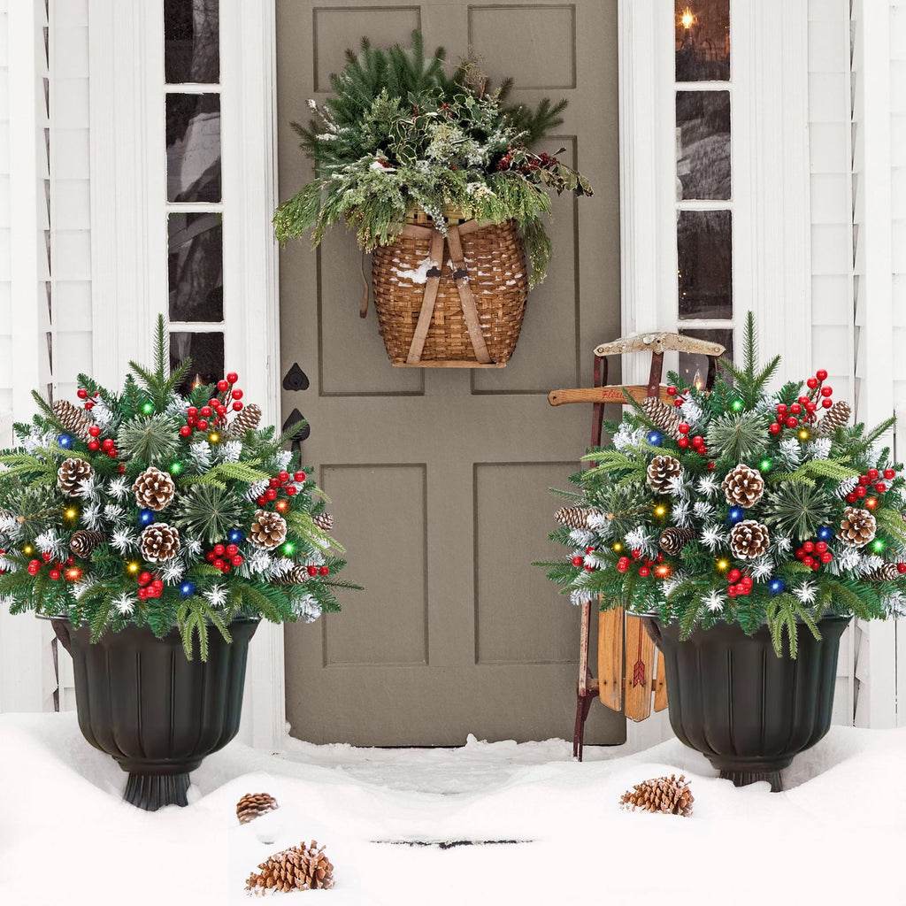 Ikfashoni 2 Pack Christmas Urn Filler, Pre-lit Outdoor Christmas Tree with Remote, Artificial Christmas Porch Pathway Decoration