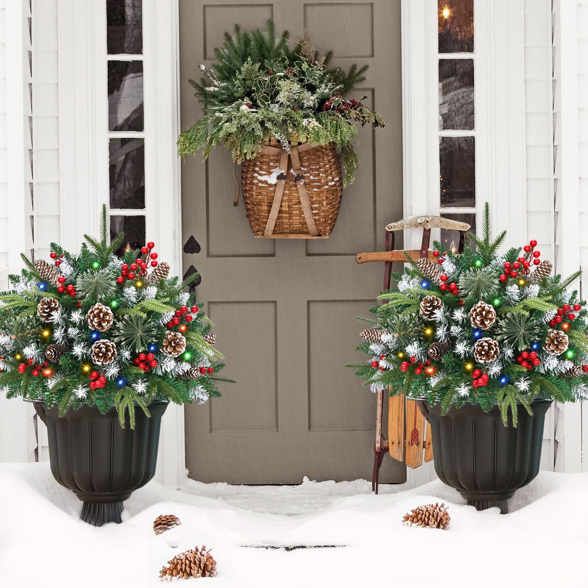 Ikfashoni 2 Pack Christmas Urn Filler, Pre-lit Outdoor Christmas Tree with Remote, Artificial Christmas Porch Pathway Decoration