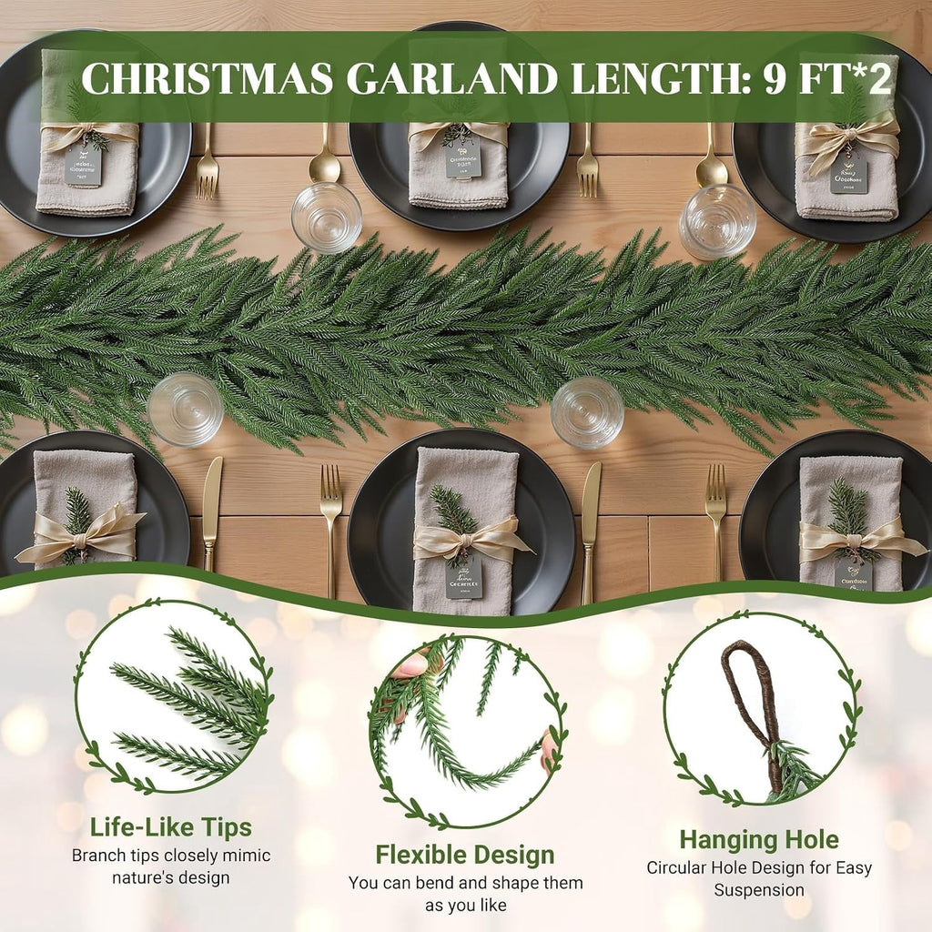 Lolsea 9FT Real Touch PE Christmas Garland, Artificial Norfolk Pine Garland for Mantel, Stair Railing, Christmas Tree, Xmas Decoration for Indoor & Outdoor, Green