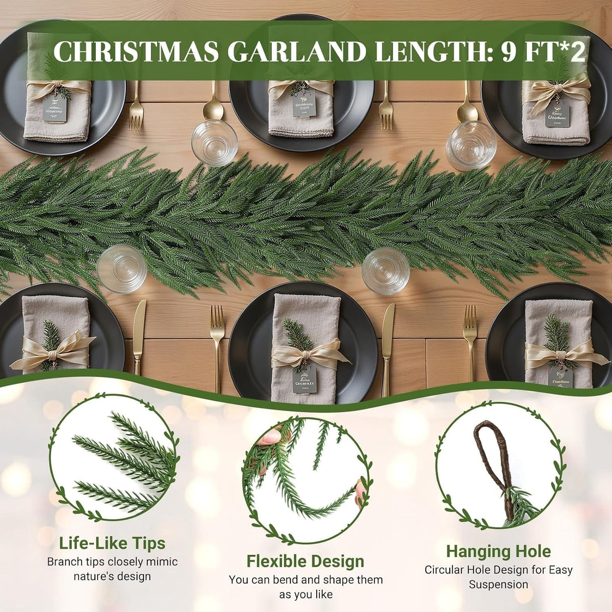 Lolsea 9FT Real Touch PE Christmas Garland, Artificial Norfolk Pine Garland for Mantel, Stair Railing, Christmas Tree, Xmas Decoration for Indoor & Outdoor, Green