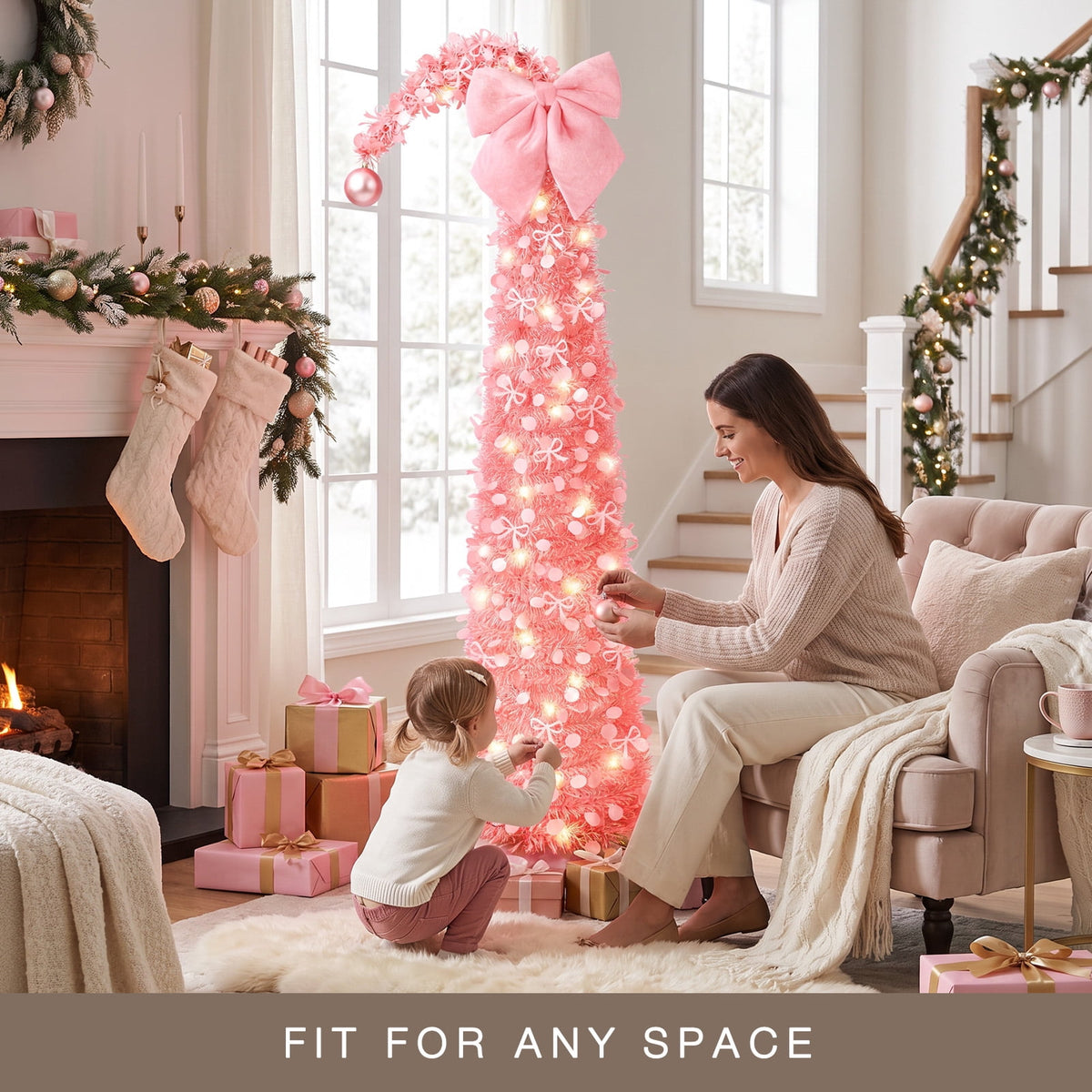 Ayieyill Christmas Tree 5FT Pencil Christmas Tree, Collapsible Pop up Tinsel Tree for Christmas Decorations Indoor, Pink