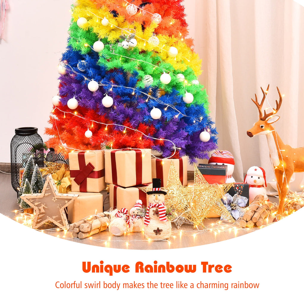 Gymax 7 ft Colorful Rainbow Hinged Christmas Tree Holiday Decor w/ Metal Stand