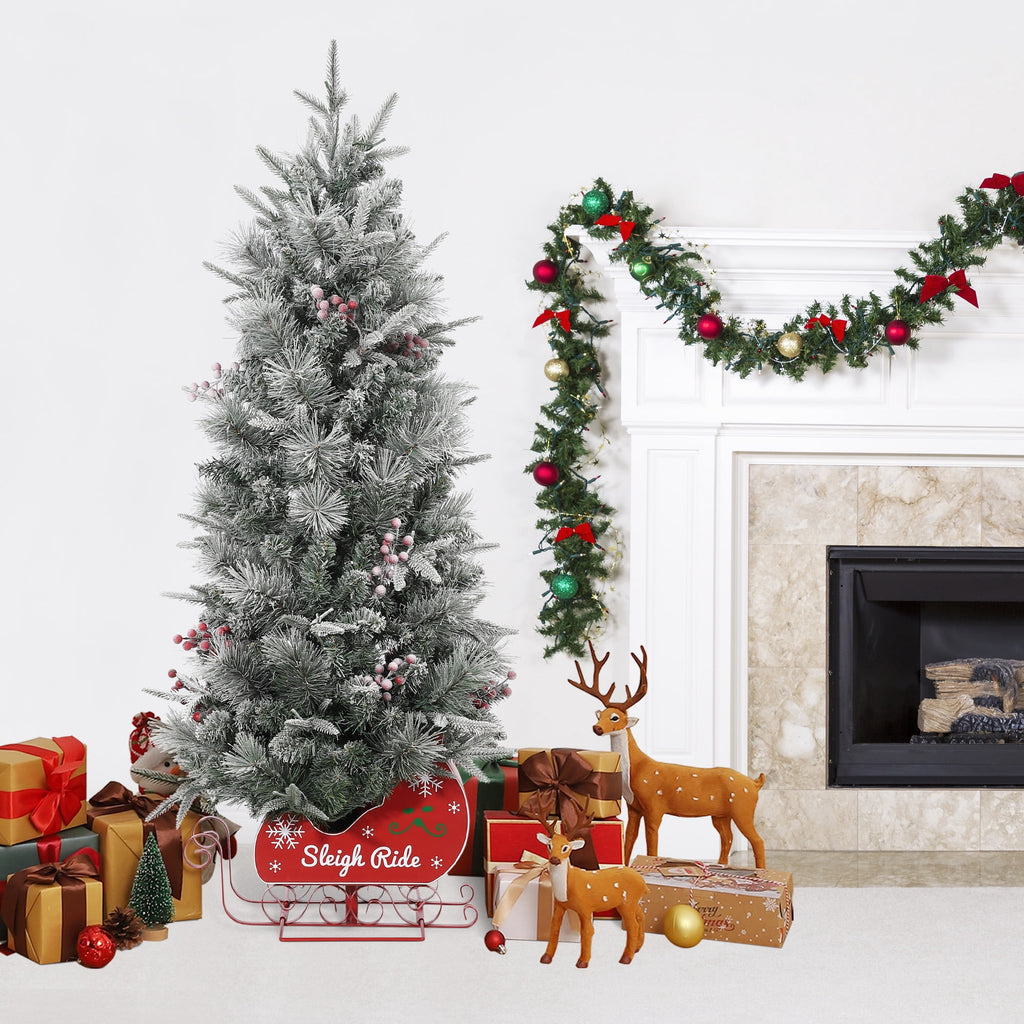 Somikis 3ft Pre-Lit Artificial Mini Christmas Tree with 78LED Lights, 8 Mode Includes Red Berries & Sleigh Base, 2 Pcs