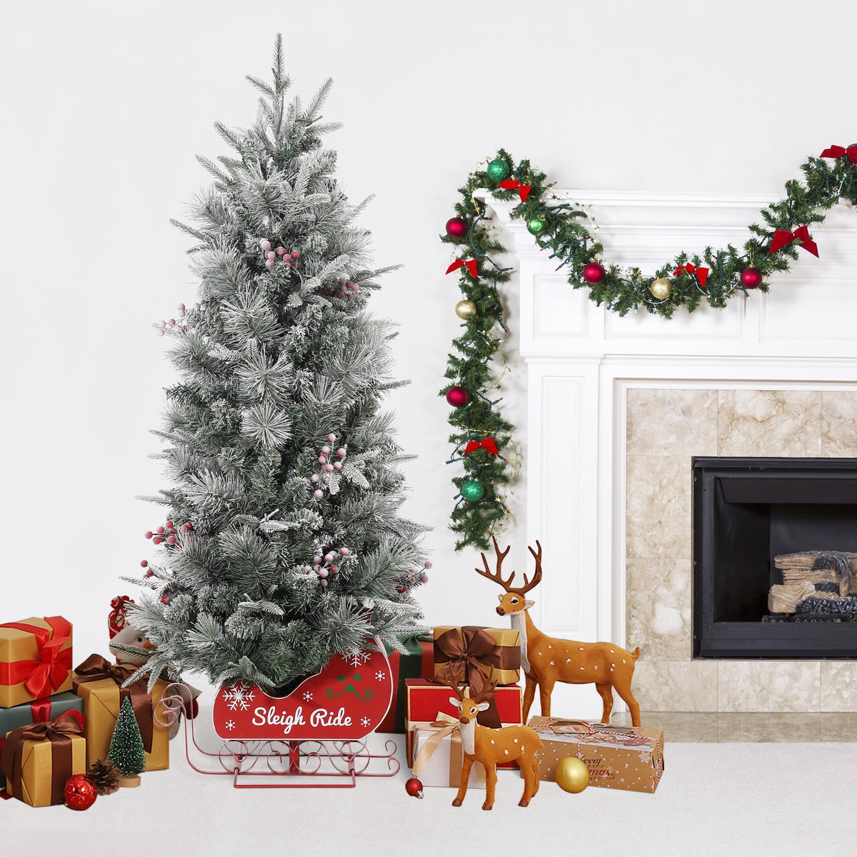 Somikis 3ft Pre-Lit Artificial Mini Christmas Tree with 78LED Lights, 8 Mode Includes Red Berries & Sleigh Base, 2 Pcs