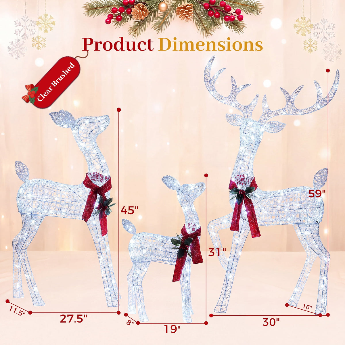 FOOWIN 3-Piece Large Christmas Deer Family, Lighted Outdoor Christmas Decoration, Champagne Gold