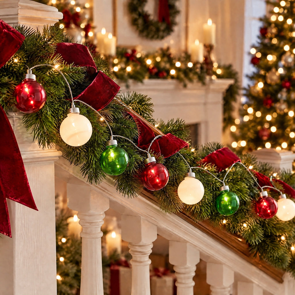 Battery-Operated Lighted Glass Ornament Garland with 10 LED Lights, Red/White/Green, 49", by Holiday Time