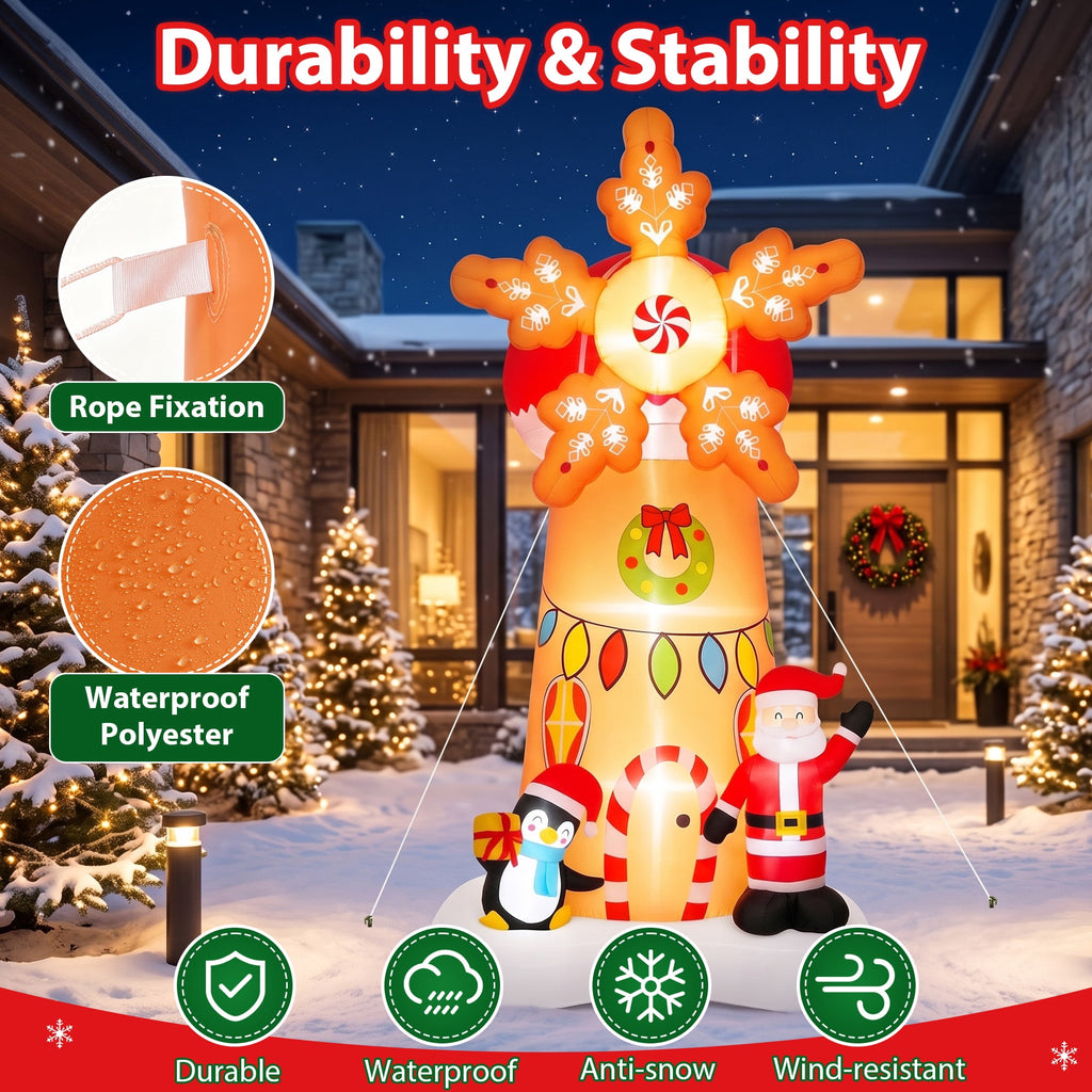 Firstness 7.7Ft High Christmas Inflatables Spinning Windmill with Santa and Penguin, Christmas Blow ups with LED Lights, Outdoor Yard Decoration
