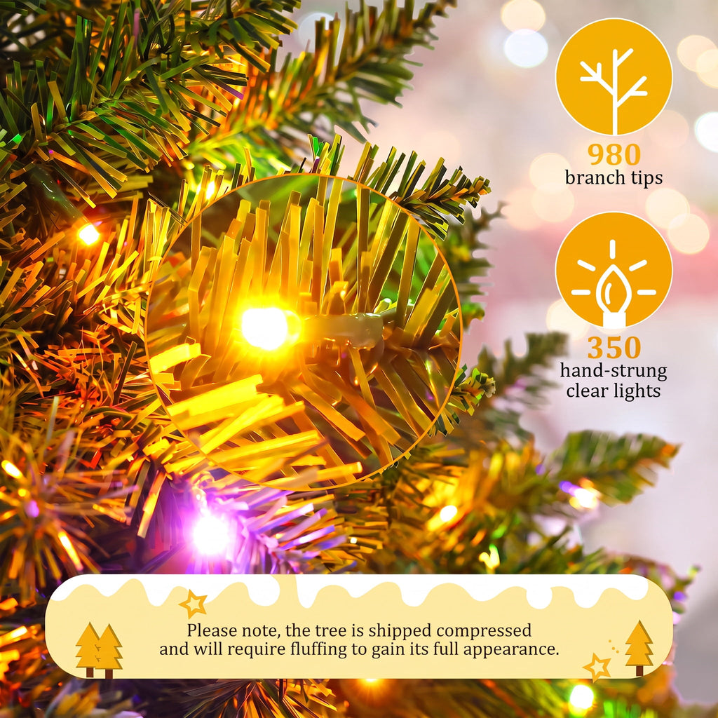 Legooin 7.5FT Pre-lit Artificial Christmas Tree with 1300 Branch Tips + 400 Multicolored Lights, 3-Section Easy Assembly Xmas Tree with Metal Stand for Indoor Outdoor Holiday Decor, Green
