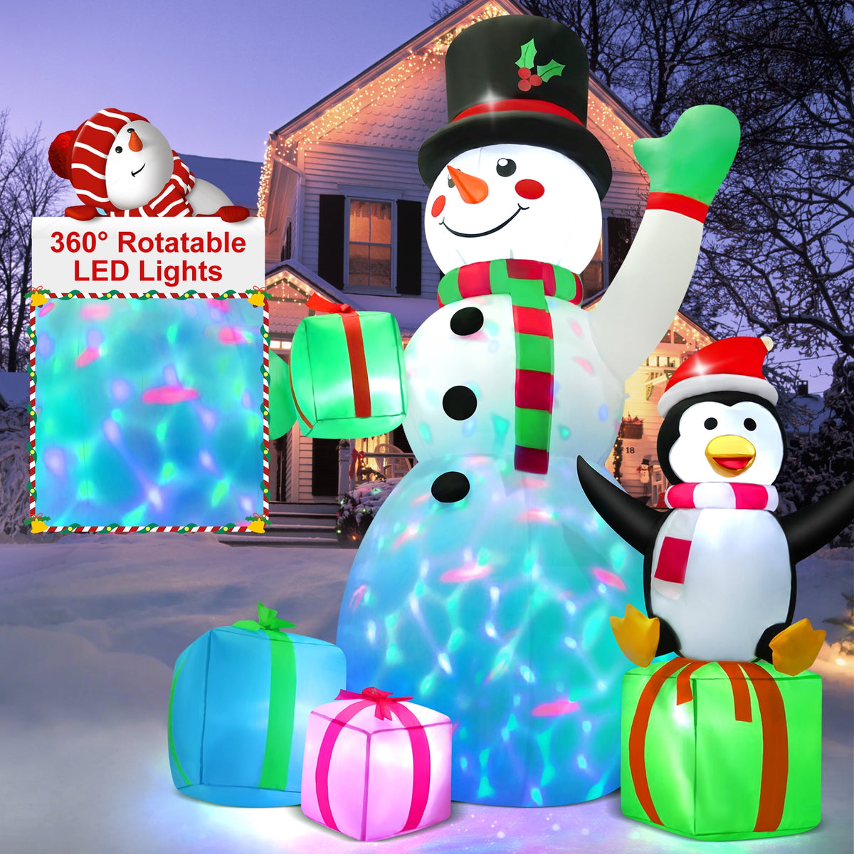 Yexmas 6FT Christmas Inflatables Snowman Blow Up Yard Decor with 360 Rotation Colorful Projector LED Light for Outdoor Christmas Party ,Garden and Lawn