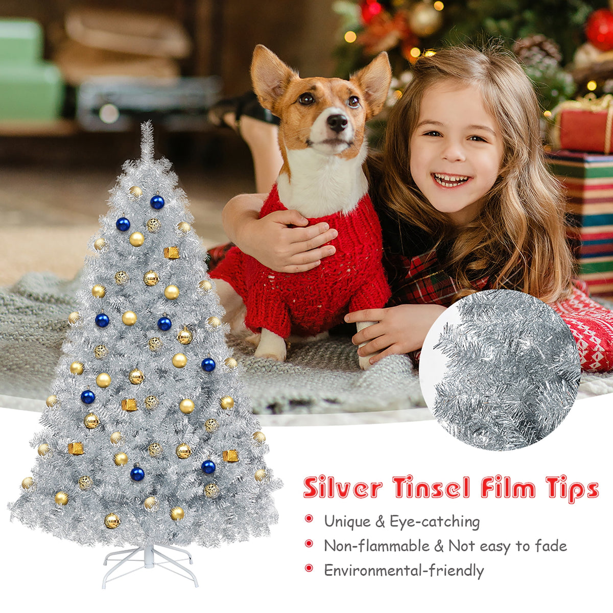 Costway 6Ft Hinged Unlit Artificial Silver Tinsel Christmas Tree Holiday w/Metal Stand
