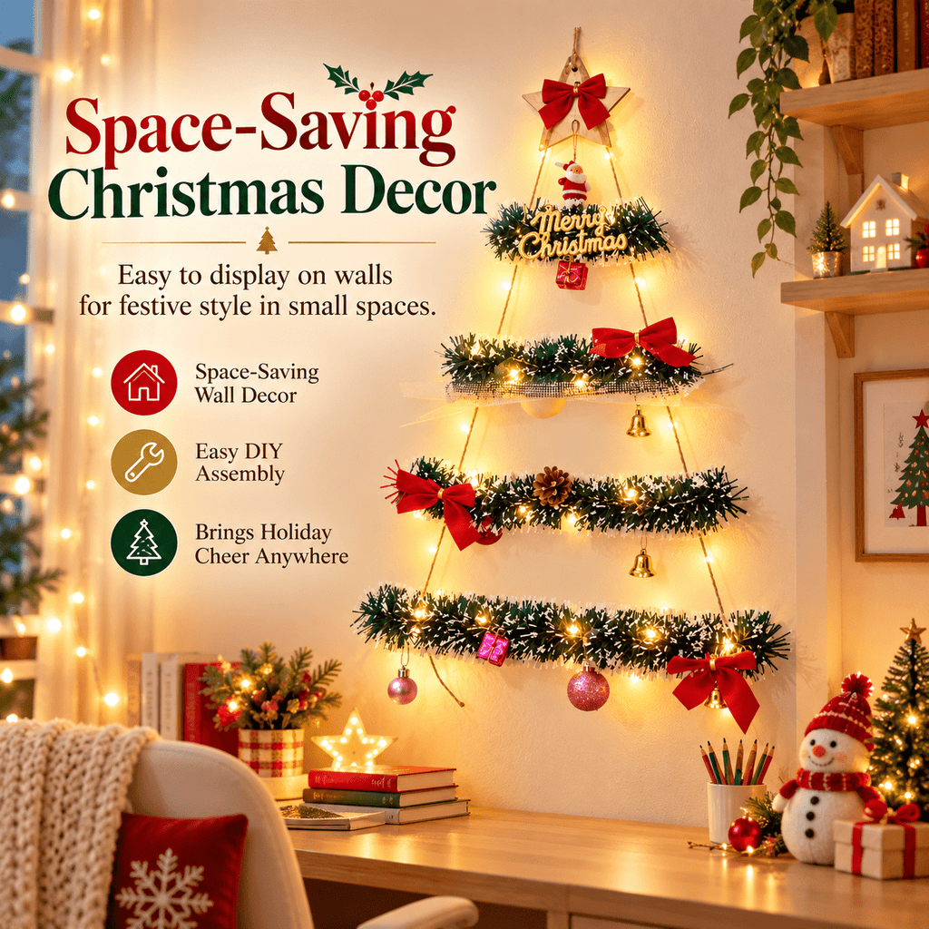 DIY Wall Mounted Christmas Trees with LED Light, Wall Hanging Christmas Tree, Space-Saving Christmas Decor Ideas for Small Space Home Holiday Decoration, 100x40cm