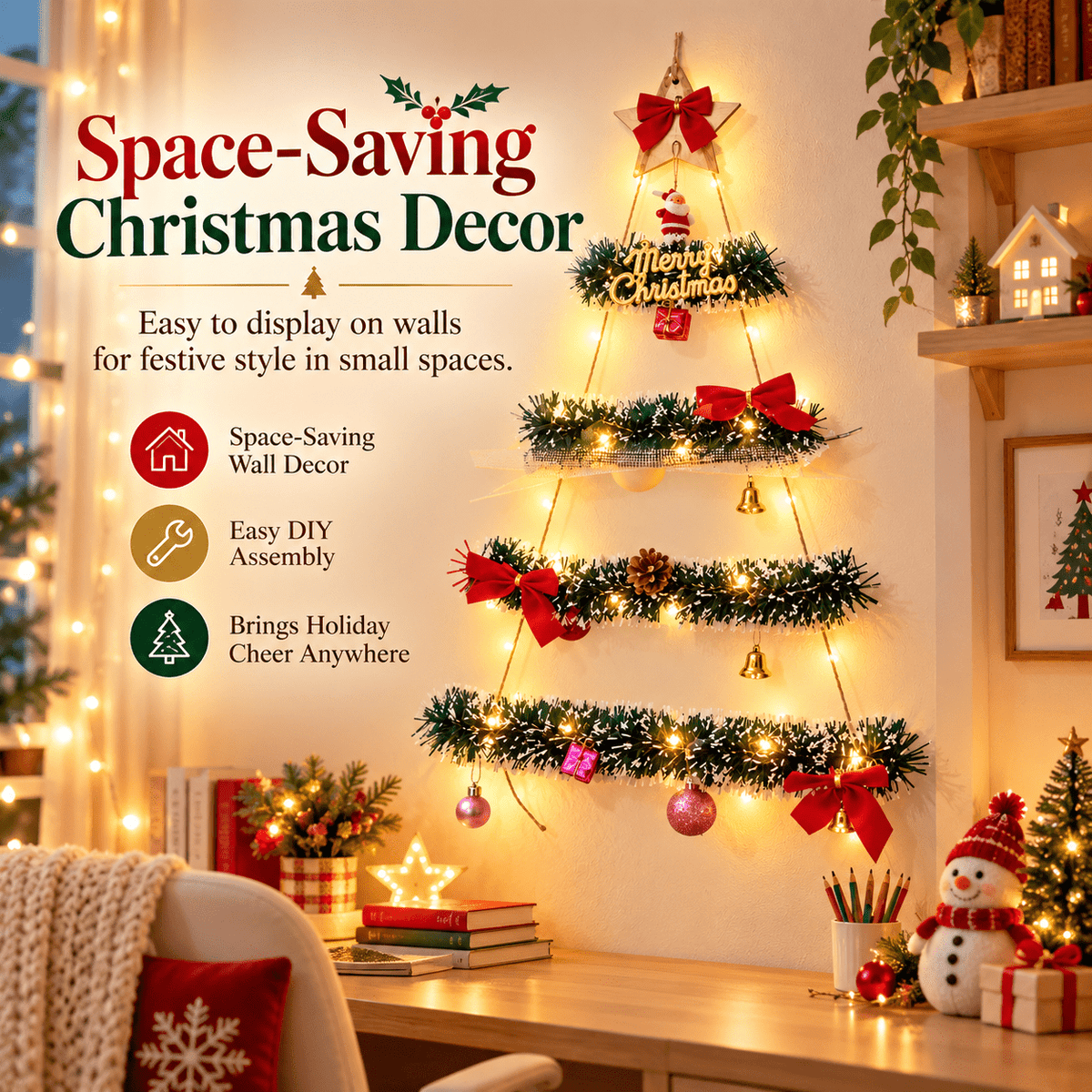 DIY Wall Mounted Christmas Trees with LED Light, Wall Hanging Christmas Tree, Space-Saving Christmas Decor Ideas for Small Space Home Holiday Decoration, 100x40cm